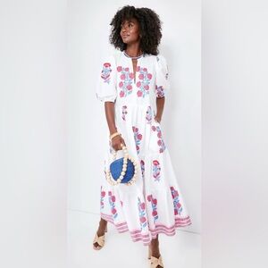 Oliphant White Midi Dress with Pink and Blue Embroidery